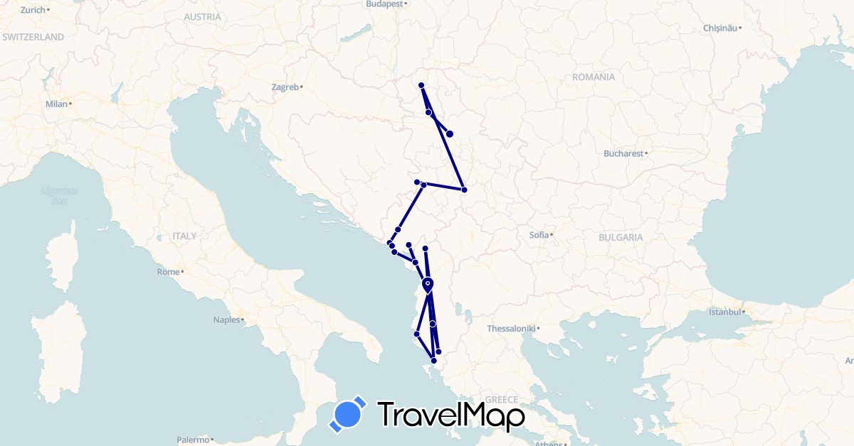 TravelMap itinerary: driving in Albania, Montenegro, Serbia (Europe)
